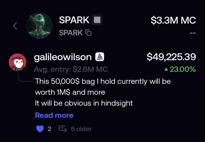 A social media post showing the SPARK token with a $3.3M market cap, featuring a comment by 'galileowilson' who holds $49,225.39 (up 23%) and predicts their $50,000 bag will be worth 1M+.
