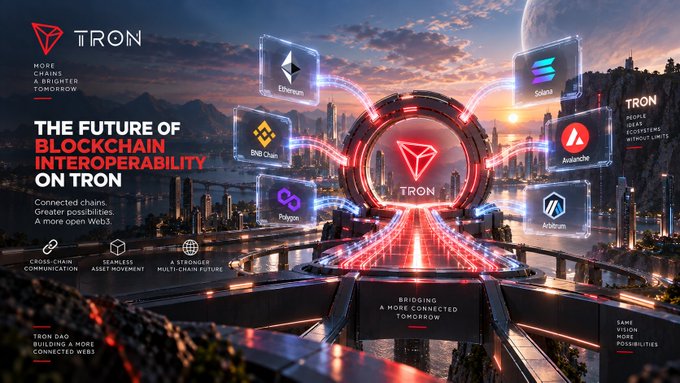 A promotional graphic for the TRON blockchain platform titled 'THE FUTURE OF BLOCKCHAIN INTEROPERABILITY ON TRON', showing connections to Ethereum, BNB Chain, Solana, Avalanche, Polygon, and Arbitrum.