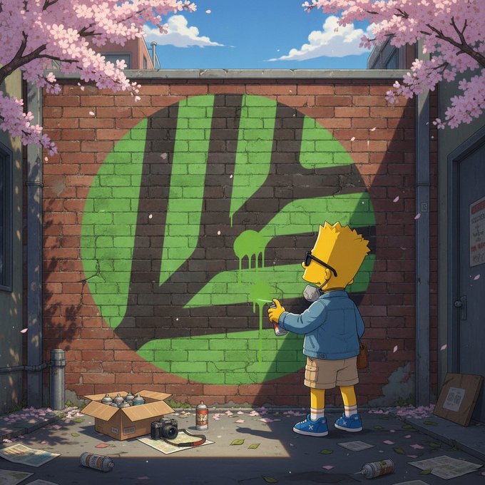 A vibrant anime-style illustration of a Bart Simpson-like character in a gas mask spray-painting a large green graffiti logo on a brick wall, surrounded by cherry blossoms and scattered art supplies.