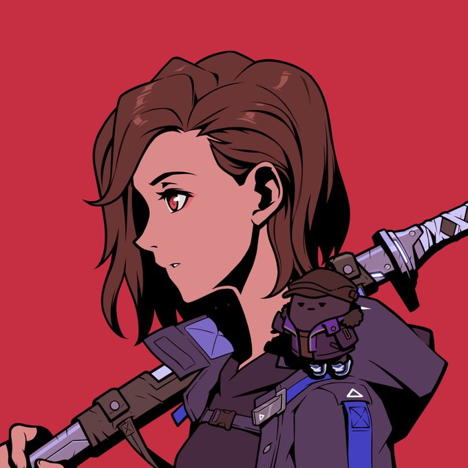 A stylized anime illustration of a character with shoulder-length brown hair and red eyes, shown in profile against a red background, with a small cloaked figure with a book on their shoulder and a sword visible behind.