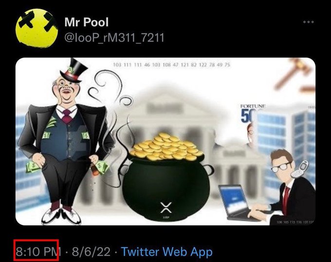 A tweet from "Mr Pool" (@looP_rM311_7211) posted at 8:10 PM on 8/6/22 features a Monopoly Man character with a pot of gold coins marked "XRP," set against a backdrop of government buildings and a businessman working on a laptop, with numerical strings displayed across the image. The illustration visually echoes the post's reference to "Copper Pot, XRP, Gold" by depicting the iconic Monopoly figure guarding a cauldron of gold coins associated with the XRP cryptocurrency.