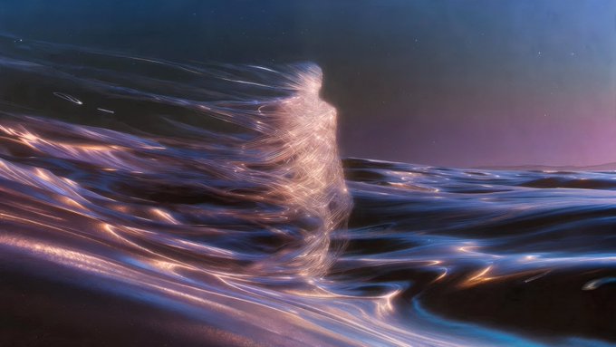 An abstract, fluid art piece or possibly underwater photography showing swirling, iridescent currents of light in purple, blue, and copper tones creating dynamic, wave-like patterns against a dark background.