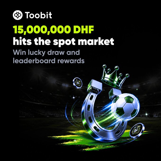 A promotional graphic for Toobit announcing a 15,000,000 DHF reward pool event tied to spot market trading, featuring a metallic horseshoe, soccer ball, and crown against a stadium backdrop to reinforce the "match day" theme described in the accompanying post about spinning for lucky draw and leaderboard rewards.