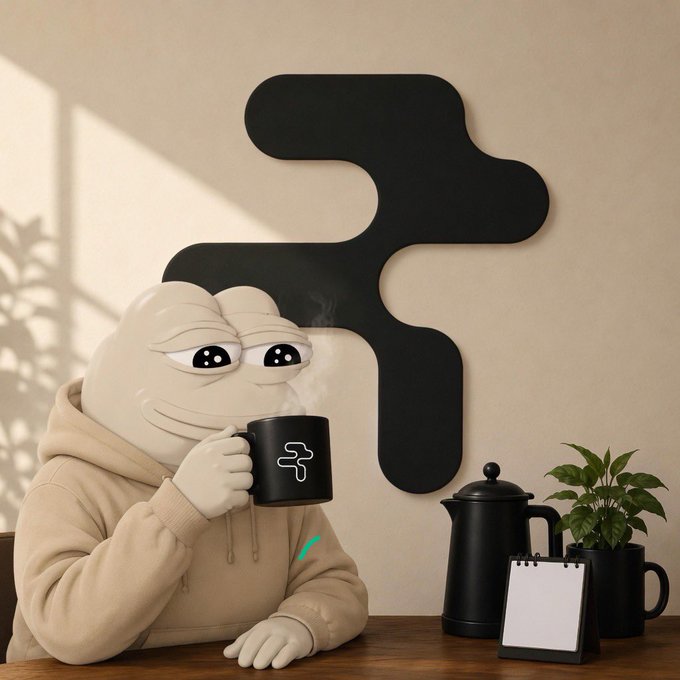 A 3D-rendered character in a beige hoodie drinks from a black mug featuring a stylized 'F' logo, with a matching black sculptural logo on the wall behind them, alongside a black teapot, calendar, and potted plant.