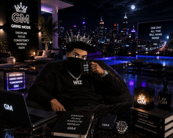 A stylized image of a person wearing a crown and face covering, surrounded by "GM" branding, motivational text including "DISCIPLINE FOCUS CONSISTENCY PATIENCE FAITH" and "ONE DAY ALL THIS WILL MAKE SENSE," set against a nighttime city skyline.