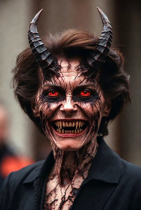 The image features a woman with red eyes and horns painted on her face, giving her an evil or demonic appearance. The photo also includes text that reads "If the EU does face more internal conflicts in the future, the efficiency of capital flows will become even more important than before As the costs of traditional systems increase, the market will naturally seek more efficient solutions This is why I believe $XRP will remain".