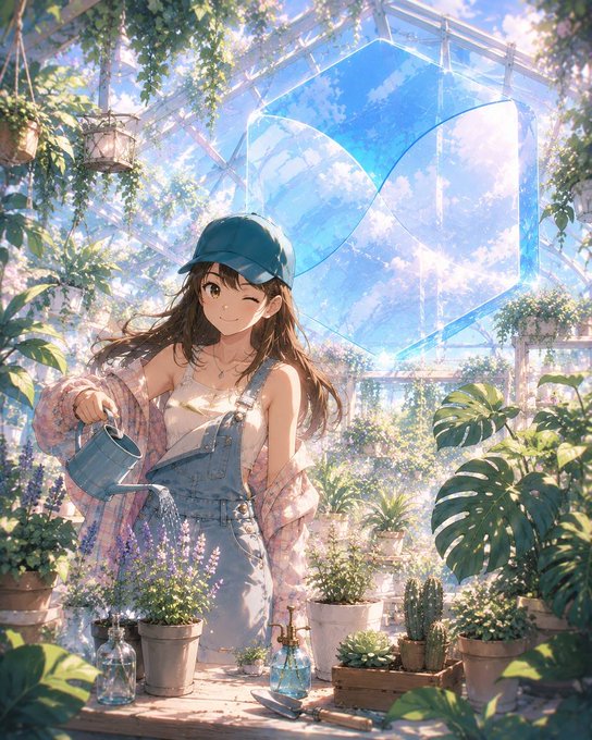 An anime-style illustration of a smiling girl in denim overalls and a teal cap watering plants in a sunlit greenhouse filled with lush greenery, potted plants, and hanging baskets.