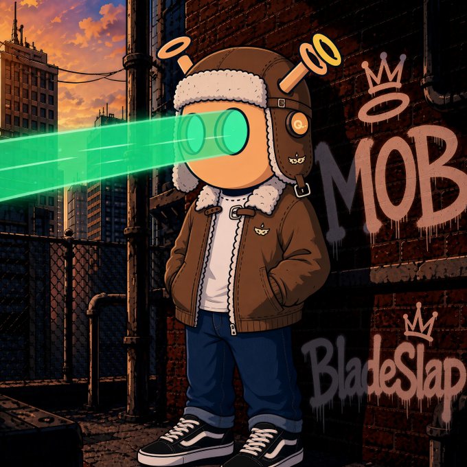 A colorful cartoon-style illustration of a character in a brown aviator jacket with 'MOB' and 'BladeSlap' graffiti tags on a brick wall behind them.