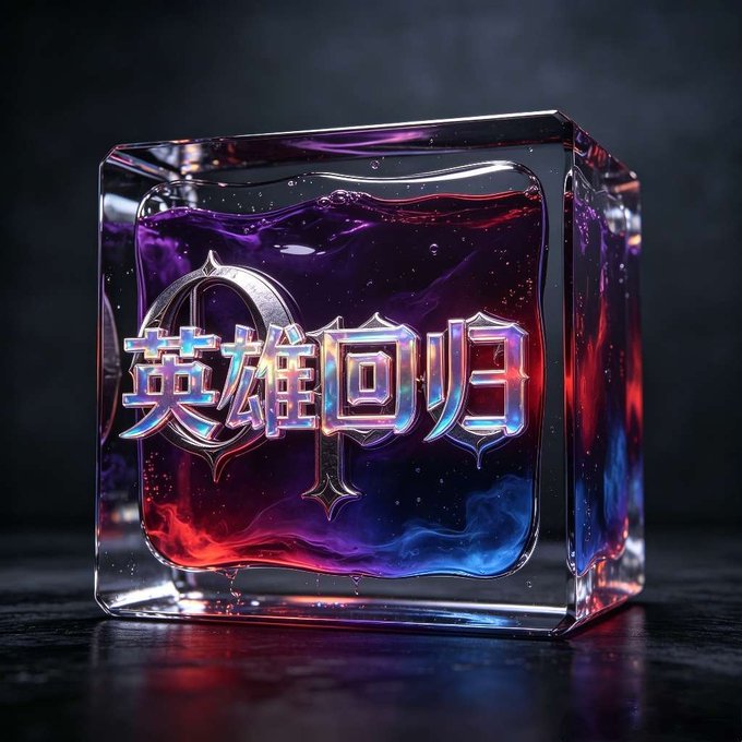 A 3D glass cube containing colorful red and blue liquid with metallic Chinese characters "英雄回归" (Hero Returns) and a decorative emblem.