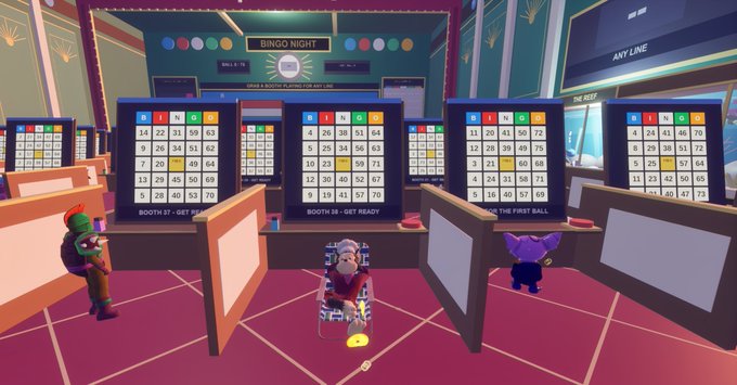 A vibrant bingo parlor scene shows cartoon animal characters at various numbered booths with bingo cards, under a 'BINGO NIGHT' sign.