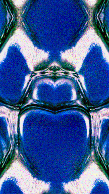 An abstract, symmetrical kaleidoscopic pattern in shades of blue, white, and dark green with a textured, painterly appearance.