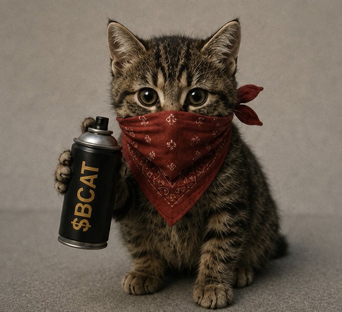 A tabby kitten wearing a red bandana holds a black spray paint can labeled '$BCAT' in gold lettering.