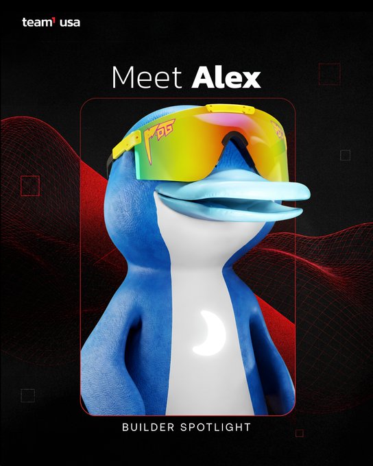 A 'Team USA Builder Spotlight' graphic introducing 'Alex,' featuring a stylized 3D blue and white penguin mascot wearing yellow Oakley Pit Viper sunglasses against a black background with red wireframe waves.
