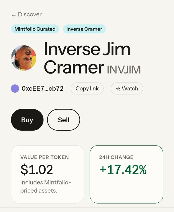 A mobile app interface for Mintfolio lists an asset named 'INVJIM' (Inverse Jim Cramer) with a value per token of $1.02 and a 24H change of +17.42%.