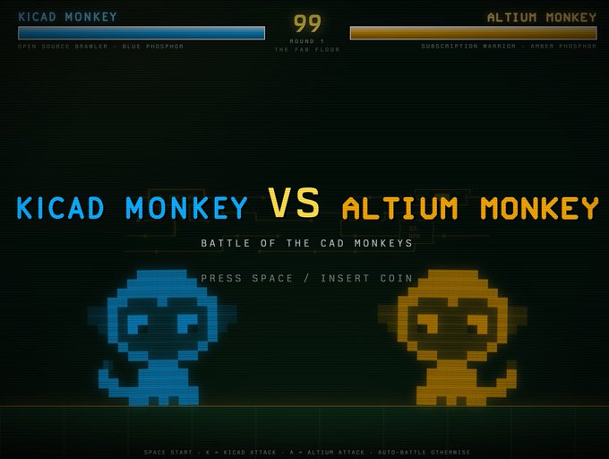 The image shows a retro arcade-style fighting game titled "KICAD MONKEY VS ALTIUM MONKEY - BATTLE OF THE CAD MONKEYS," featuring pixelated blue and orange monkey characters, health bars for each labeled "KICAD MONKEY" (described as "OPEN SOURCE BRAMBLER - BLUE PHOSPHOR") and "ALTIUM MONKEY" (described as "SUBSCRIPTION WARRIOR - AMBER PHOSPHOR"), with "99 ROUND 1 THE FAB FLOOR" displayed at the top. The playful battle between open-source and subscription EDA software mascots visually represents how tokens can pit competing technologies against each other in a fun, gamified showdown.