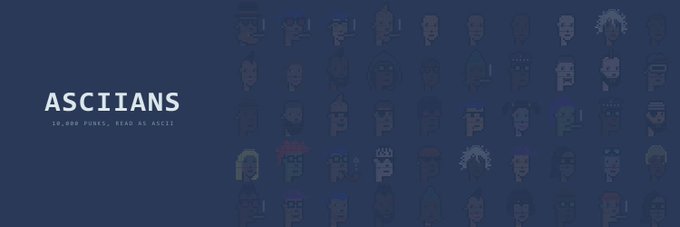 A promotional graphic for the "ASCIANS" NFT collection, featuring the text "ASCIANS – 10,000 PUNKS, READ AS ASCII" alongside a grid of faded pixel-art character portraits on a dark background, illustrating the collection's fully on-chain ASCII-style artwork highlighted in the post.