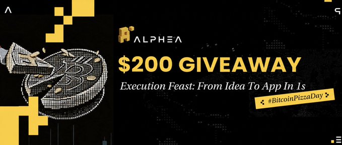 The image features an advertisement for Pizza Day, which is being promoted by Alpha. The poster includes a pizza cut into slices with the text "Pizza Day x ALPHEA" written above it. Below this, there are two options for participating in the event - either joining the Pizza Day celebration or competing for 200 USDT in rewards. The post also mentions that the event is taking place on BitcoinPizzaDry and encourages users to share their experience with the hashtag #bitcoinpizzaday.
