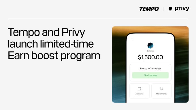 Promotional graphic titled 'Tempo and Privy launch limited-time Earn boost program' showing a mobile app interface displaying a $1,500.00 balance with options to 'Earn up to 7% interest' and 'Start earning'.