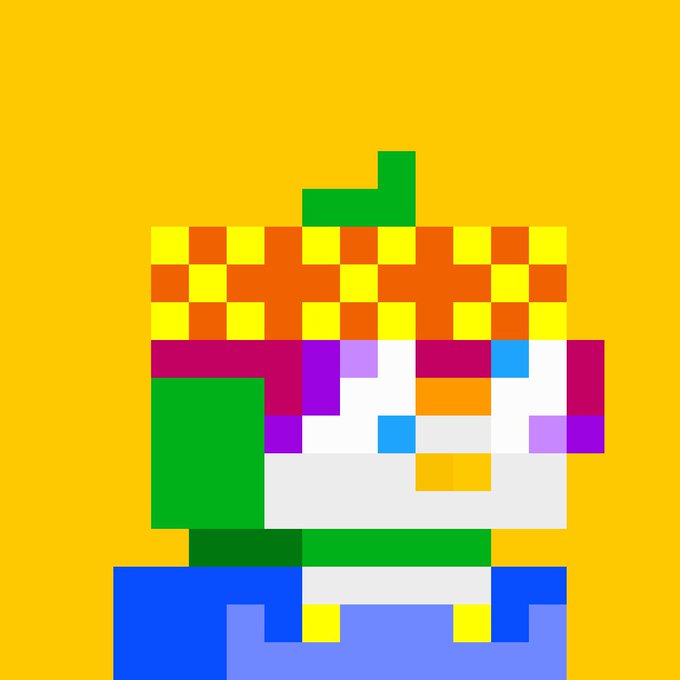 A pixel art illustration depicts a character with a yellow and orange checkered hat, green shirt, and blue pants against a yellow background.