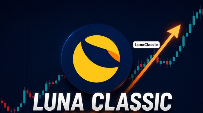 The image shows the Luna Classic (LUNC) logo alongside an upward-trending candlestick chart with a bold orange arrow, illustrating a bullish price movement. The accompanying post references $LUNC and #BURN hashtags, and the image visually reinforces the claim that Luna Classic is "about to go boom boom."
