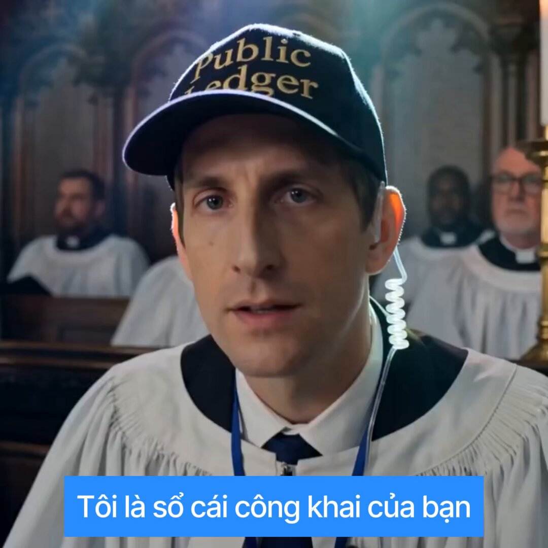 The image shows a man wearing a hat with "Public Ledger" written on it, sitting among other people who are also wearing hats. The scene appears to be set within a church or a similar religious setting. There is text in the image that reads "Toi la soi sao cai cão khai cua ban". This translates to "I am sorry", which could possibly be an expression of guilt, but it might also indicate that someone has made a mistake and wants to make amends for their actions. The man wearing the hat with "Public Ledger" written on it is likely involved in some sort of transaction or legal matter related to the public ledger system.