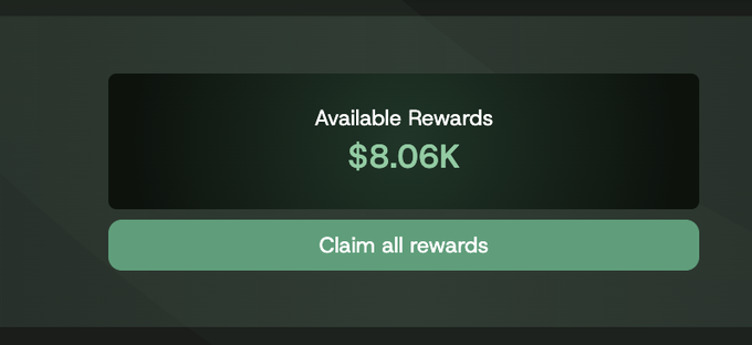 A rewards screen showing 'Available Rewards' of $8.06K with a green 'Claim all rewards' button.