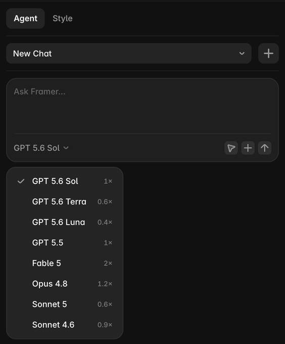 A dark interface showing a chat assistant menu with 'Agent' and 'Style' tabs, displaying model options including GPT 5.6 Sol (1x), GPT 5.6 Terra (0.6x), GPT 5.6 Luna (0.4x), GPT 5.5, Fable 5 (2x), Opus 4.8 (1.2x), Sonnet 5 (0.6x), and Sonnet 4.6 (0.9x).
