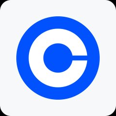 A blue and white circular logo featuring a stylized 'C' on a light background, likely the Coinbase logo.
