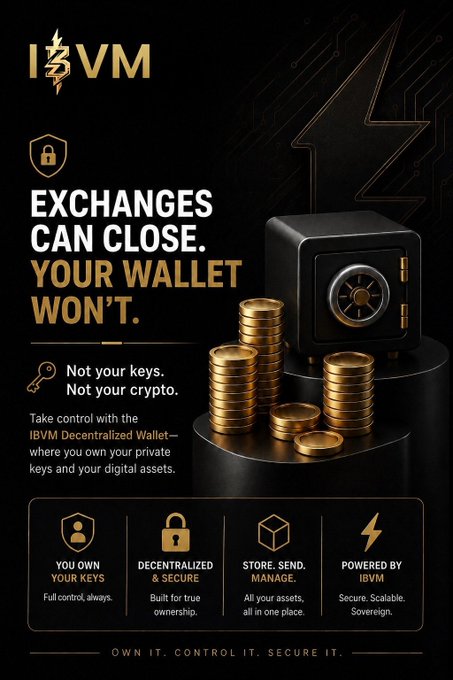 An advertisement for the 'iBVM Decentralized Wallet' featuring the slogan 'EXCHANGES CAN CLOSE. YOUR WALLET WON'T.' alongside an image of a small safe and stacks of gold coins on a dark background.