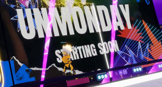 A brightly lit stage screen displays 'UNMONDAY' in large white letters above a smaller 'STARTING SOON' text, with a yellow anime character graphic on a colorful background.