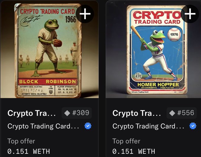 Two digital 'Crypto Trading Cards' featuring frogs dressed as baseball players are displayed for sale on an NFT marketplace, both priced at 0.151 WETH (#309 and #556).