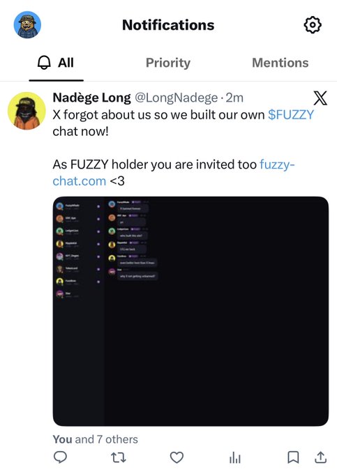 A Twitter notification from user "Nadège Long" (@LongNadege) promotes a $FUZZY chat at fuzzy-chat.com, featuring a screenshot of the chat interface and engagement metrics showing "You and 7 others" — a classic example of the scam tactic warned about in the accompanying post.