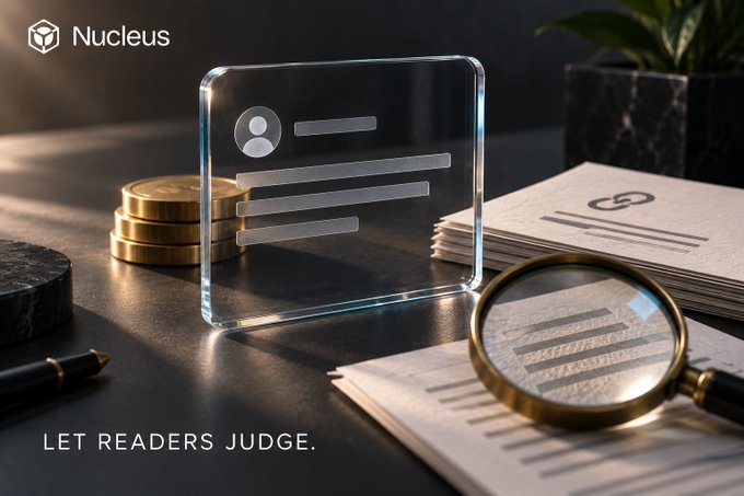 A glass card displaying a profile placeholder sits on a dark desk beside gold coins, stacked papers with dollar markings, and a magnifying glass, with the text "LET READERS JUDGE." and the Nucleus logo visible. The composition visually reinforces the post's point about transparency in rewarded content, showing how additional context (like Nucleus's Contribution campaigns) helps readers evaluate posts more critically rather than dismissing them outright.