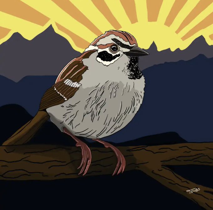 An illustrated sparrow perched on a branch against a backdrop of mountains and a stylized yellow sunburst sky.