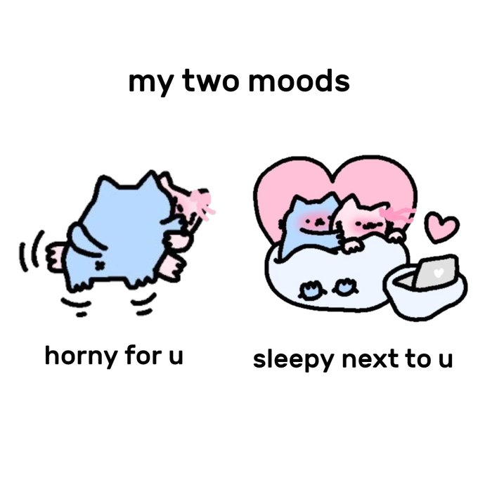 The image is a "my two moods" meme featuring two cute cartoon cats: one energetically running with hearts called "horny for u," and another cuddling sleepily on a laptop with hearts labeled "sleepy next to u."