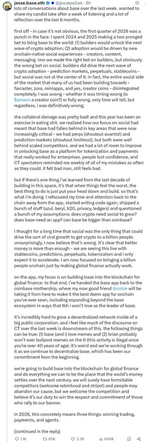 The image shows a lengthy tweet thread from Coinbase CEO Brian Armstrong (@brian_armstrong) discussing Coinbase's evolution from a crypto exchange to building a "base" for global finance, with reflections on past mistakes and a focus on tokenization, payments, and agents in 2026. The "todays snapshot cobiewifajob" caption is an inside joke—Armstrong's thread mentions "cobie wif a job," a playful reference to crypto influencer Cobie's past commentary on Coinbase.