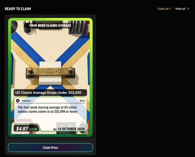 A trading card interface titled 'READY TO CLAIM' shows a news card about US jobless claims, with the headline 'US Claims Average Drops Under 203,000' and a prize of $4.87 CASH to be claimed by 12 October 2026.
