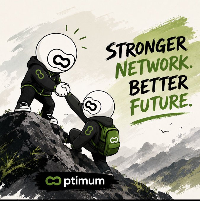 An illustration for "optimum" features two hooded characters helping each other climb a mountain with the text "STRONGER NETWORK. BETTER FUTURE."