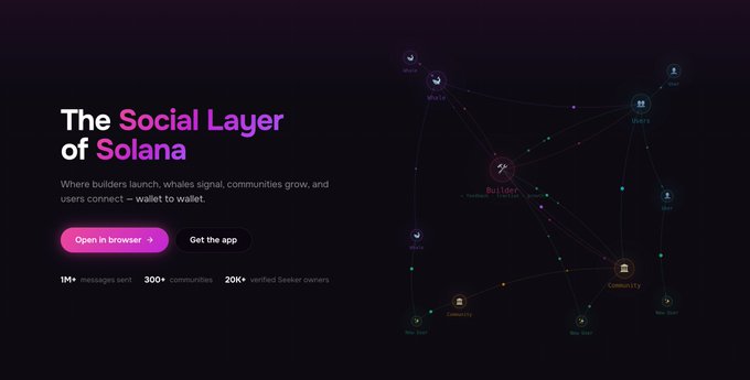 A dark promotional graphic titled "The Social Layer of Solana," with a subheading "Where builders launch, whales signal, communities grow, and users connect — wallet to wallet," alongside buttons to "Open in browser" and "Get the app."