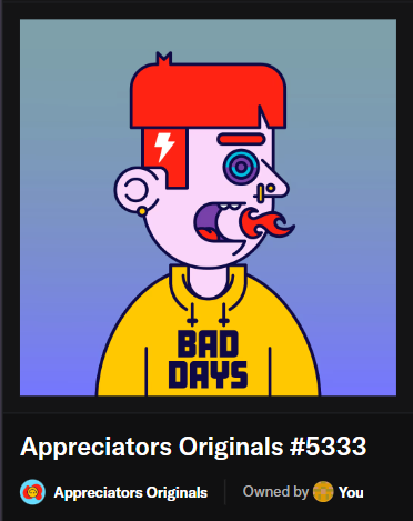 The image features an illustration of a cartoon character wearing a yellow hoodie with the words "Bad Days" written across their chest, accompanied by a lightning bolt symbolizing a power source or energy. The text below the illustration reads "@AppreciatorsOriginals #5333 Owned by You". This post is related to the @3look_io x AppreciatorsOriginals campaign, which encourages users to share and appreciate original artwork created by artists from the @3look community.