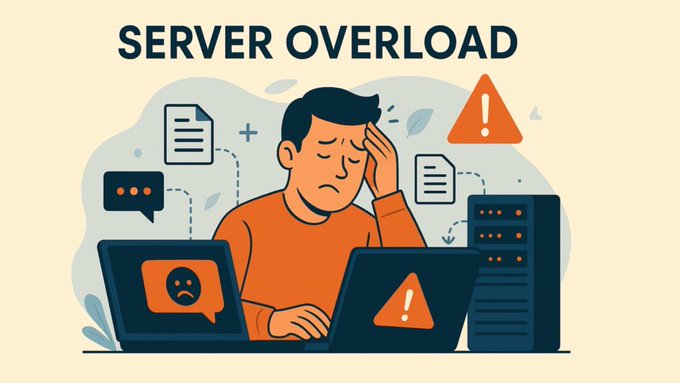 The image shows a stressed man surrounded by laptops and servers displaying error and warning icons, with the bold heading "SERVER OVERLOAD" at the top. This visually illustrates the post's message about ZCode's GLM-5.3 token giveaway event crashing due to overwhelming demand, leading to its suspension after just one hour.