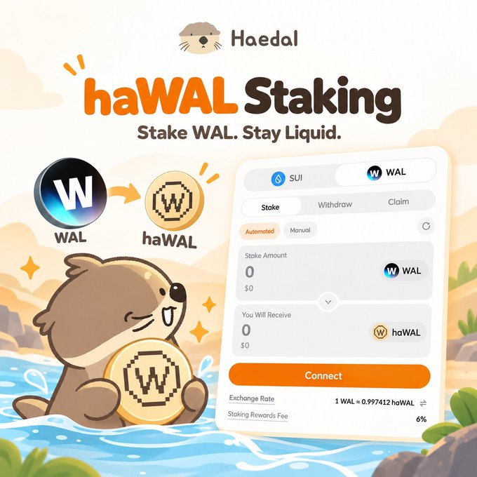 A promotional graphic for 'Haedal' features a cartoon otter and advertises 'haWAL Staking' to 'Stake WAL. Stay Liquid.', showing a WAL to haWAL exchange interface with a 6% staking rewards fee.