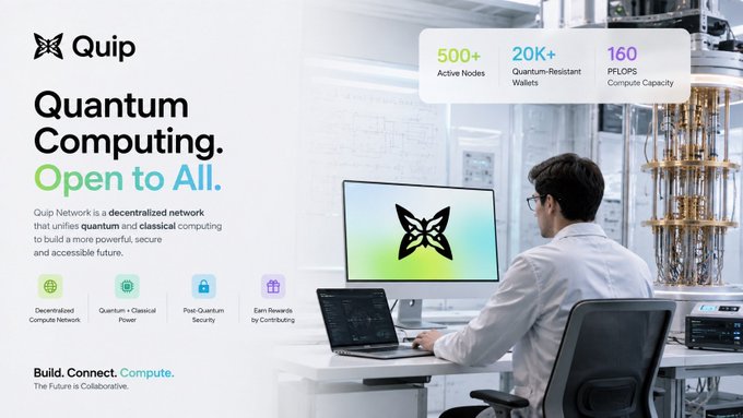 A professional website for 'Quip' promoting 'Quantum Computing. Open to All.' with statistics showing 500+ Active Nodes, 20K+ Quantum-Resistant Wallets, and 160 PFLOPS Compute Capacity, featuring a person working at a computer near quantum computing hardware.