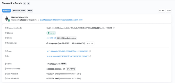 Etherscan transaction details page showing a successful ETH transfer of 0.015589 ETH (~$35.95) from one address to another, with timestamp and gas fee information.