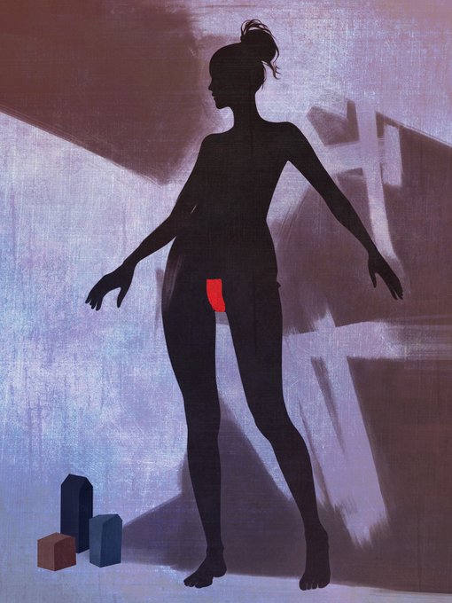 A minimalist painting showing a black silhouette of a standing female figure against a purple and gray abstract background, with a small red rectangle near her midsection and three small geometric blocks at the bottom left.