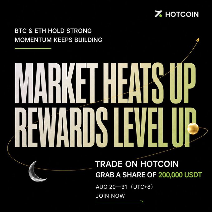 The image is a promotional graphic from HotCoin announcing a trading campaign titled "Market Heats Up, Rewards Level Up," running August 20–31 (UTC+8), where users can earn a share of a 200,000 USDT prize pool by trading BTC and ETH. It features bold yellow-green typography on a black background with celestial design elements (moon and planet) and reinforces the post's call to action to register, deposit, and trade for bigger rewards.