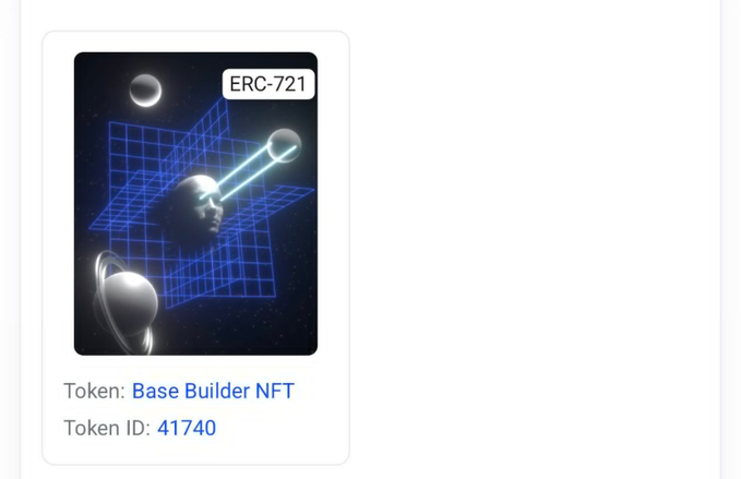 An image displays an NFT card featuring a cosmic-themed design with a grid, planet, and Saturn-like ringed sphere, labeled "ERC-721" at the top right. The card identifies the token as "Base Builder NFT" with Token ID "41740," matching the contract address (0x8DC80A209A3362f0586e6C116973Bb6908170c84) referenced in the post about Base Builder NFTs held by OG Base users since 2023.