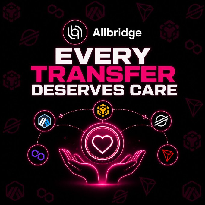A promotional graphic for Allbridge features neon pink text stating 'EVERY TRANSFER DESERVES CARE' with hands cradling a heart icon connected to various blockchain networks.