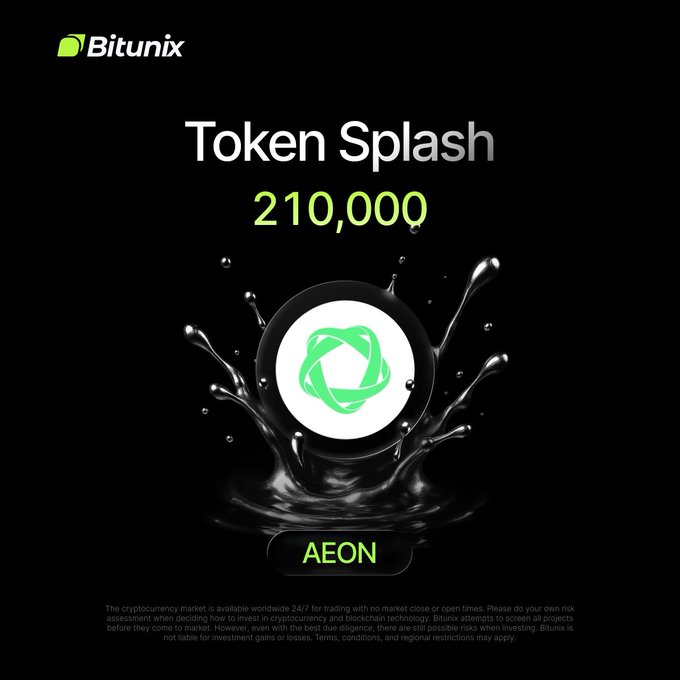 Bitunix announces a "Token Splash" event featuring 210,000 $AEON tokens as a prize pool, with the AEON logo displayed amidst a black liquid splash graphic, promoting a campaign for the AEON community to deposit and trade for a chance to win rewards.
