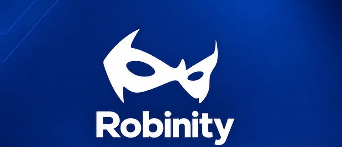 The Robinity logo, featuring a white stylized mask icon above the brand name in bold white text on a blue gradient background.